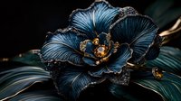 Luxurious dark blue metallic flower with golden center and glitter details on black background. Elegant floral art piece showcases dramatic lighting and texture.