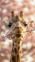 Giraffe eating pink cherry blossoms with soft bokeh background, wildlife animal portrait for nature and spring themed designs.