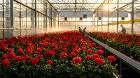 Commercial greenhouse with vibrant red flowers in organized rows, modern agricultural facility for plant cultivation and horticultural production.