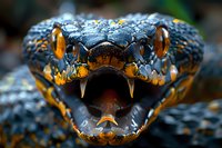 Extreme close-up of snake head showing detailed scales, fangs and open mouth. Dark blue and orange coloration creates dramatic wildlife macro photography effect.