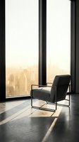 Gray upholstered armchair with metal frame positioned in modern high-rise interior space with floor-to-ceiling windows overlooking urban cityscape during golden hour. Contemporary furniture design.