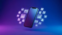Smartphone with glowing financial and shopping icons floating around it on a dark blue and purple gradient background.