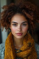 Young mixed-race woman with curly hair wearing yellow knit scarf, natural makeup and gold earrings in cozy indoor setting for lifestyle and fashion content.