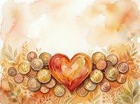 Watercolor heart surrounded by golden coins and botanical elements on warm textured background for financial love and prosperity themes.