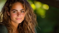 Young woman with natural wavy blonde hair and radiant smile against blurred green nature background, expressing genuine happiness and confidence in casual attire.