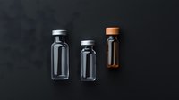 Glass medical vials with silver and cork stoppers on dark background, minimalist pharmaceutical composition for healthcare and medicine concepts.