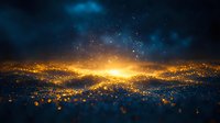 Abstract cosmic landscape with golden light burst and sparkling particles creating magical horizon against deep blue starry space background for digital art.