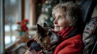 Senior Caucasian woman in red sweater resting in armchair with Yorkshire terrier dog, peaceful moment near window with winter atmosphere and soft natural light.