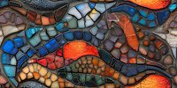 Vibrant stained glass mosaic pattern with organic shapes in orange, blue, and brown tones creates flowing abstract design. Curved lines and textured segments form dynamic composition.