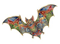 Ornate bat with colorful decorative patterns and swirling designs in red, blue, green, and gold tones. Isolated clipart suitable for Halloween designs, t-shirts, and creative projects.