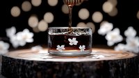 Liquid pouring into elegant glass decorated with delicate white flower pattern on rustic wooden surface against dark background with bokeh lights.