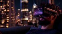 Young bearded man wearing virtual reality headset against night city backdrop with bokeh lights, experiencing immersive digital entertainment.