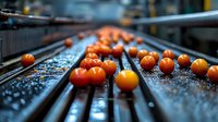 Fresh ripe cherry tomatoes on industrial conveyor belt during food processing and quality control. Agricultural production line with selective focus.
