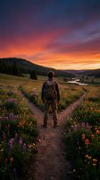 Hiker with backpack standing on wildflower trail at sunset, facing mountain valley with river and forest landscape, dramatic orange and purple sky, outdoor adventure and nature exploration.