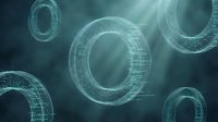 Glowing teal digital torus rings floating in a dark cyber space with light rays, representing data flow and futuristic technology concepts.