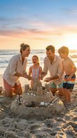 Caucasian family of four building sandcastle on beach at sunset, parents and two children enjoying summer vacation by ocean waves during golden hour.
