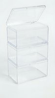 Clear acrylic storage organizer with three stackable compartments and hinged lid for cosmetics jewelry office supplies home organization.