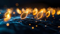 Glowing digital network with golden light particles floating above connected nodes, creating futuristic technology visualization on dark background.