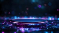 Futuristic circular platform with glowing neon lights and bokeh effects on dark background for product display and presentation design.