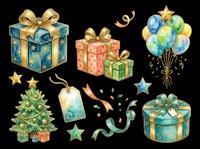 Watercolor Christmas and birthday clipart set with gift boxes, balloons, tree, stars, ribbons, and tags, isolated on transparent background, ready for stickers and print on demand.