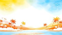 Tropical paradise beach scene with palm trees, golden sand dunes and turquoise ocean waves under bright sunny sky for summer vacation designs.