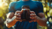 Hands holding glass mason jar with cold brew coffee against blurred natural bokeh background, sunlight streaming through trees, lifestyle drink photography.