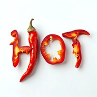 Red chili peppers and bell pepper slices arranged to spell word HOT on white background, creative food typography concept for spicy cuisine and menu design.