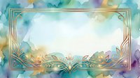 Watercolor abstract background with ornate gold frame border and flowing pastel colors, suitable for invitations, greeting cards, and design projects.