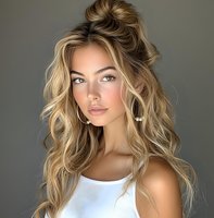 Young Caucasian woman with long wavy blonde hair and natural makeup wearing white tank top poses against gray background, looking at camera with confident expression.