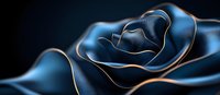 Elegant metallic blue rose with golden edges glowing against dark background, abstract floral art design with smooth flowing curves and luxurious sheen.