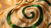 Elegant gold and green spiral Christmas ornament with glittery texture and warm bokeh lights creating festive holiday atmosphere for seasonal decorations.