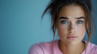 Young woman with striking blue eyes and natural makeup wearing pink sweater against blue background, soft portrait lighting creates dreamy atmosphere.
