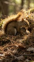 Mother squirrel nursing baby in natural forest habitat with warm sunlight filtering through trees creating peaceful wildlife scene.