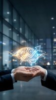 Businessman hands holding glowing brain with upward arrow symbolizing growth mindset, innovation and strategic thinking in modern office environment.