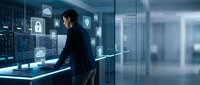 Professional businessman in dark suit working with holographic cybersecurity interface displaying digital locks and shields in modern data center environment.