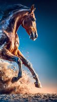 Powerful chestnut horse galloping through water with dramatic splashing motion against blue sky background. Dynamic equestrian action shot for sports content.