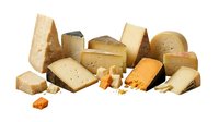 Assorted cheese blocks and wedges including cheddar, gouda, and aged varieties isolated on white background for food photography and culinary design projects.