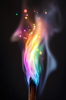 Burning match with magical multicolored flame and sparks against black background, creating ethereal rainbow smoke effect with bokeh lights and glowing particles.