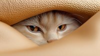 Close-up view of cat's amber eyes peeking through beige leather upholstery gap, creating mysterious and artistic composition with soft natural lighting.