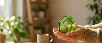 Hands holding green eco house model symbolizing sustainable living and environmental protection in cozy home interior with natural lighting.