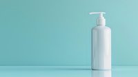 White pump bottle on turquoise background, minimalist cosmetic product mockup for skincare, soap, or sanitizer packaging design presentation.
