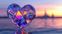 Crystal heart floating on water surface against sunset sky, reflecting vibrant purple and orange colors. Romantic geometric glass heart creates magical atmosphere.
