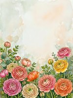 Watercolor ranunculus flowers frame with soft pastel background for wedding invitations, greeting cards and romantic designs.