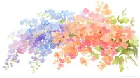 Delicate watercolor floral composition with cascading purple, blue, peach and coral flowers, green leaves creating soft romantic arrangement on white background.