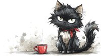 Grumpy black cat with white chest sitting next to red coffee cup, watercolor style artwork with splatter background effect, humorous character illustration.