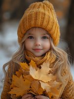 Young girl in warm knitted mustard beanie and scarf holding yellow maple leaves, with long blonde hair and bright eyes against soft blurred background. Autumn mood portrait.