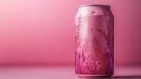 Aluminum beverage can with floral botanical design in pink gradient background, decorative wildflowers and herbs silhouettes pattern on metallic surface. Modern packaging concept.