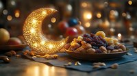 Glowing decorative crescent moon lantern with dried fruits and nuts on wooden table against blurred lights background, Ramadan celebration setting.
