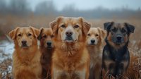 Group of mixed breed dogs sitting together in winter field with snow, golden and black fur, focused attentive expressions, outdoor pet portrait in natural setting.