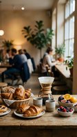 Fresh croissants and coffee setup on wooden table in cozy cafe with natural light and plants creating warm breakfast atmosphere for hospitality business.